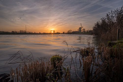 Molen de Vrijheid aan rivier de Linge bij zonsopkomst