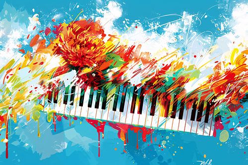 Piano abstrait avec explosion de fleurs colorées