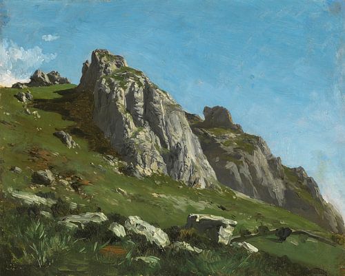 Carlos de Haes-Zonnig berglandschap, steenberg, groen gras, Antiek landschap