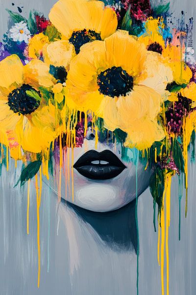 Blumen-Gesicht mit schwarzem Lippenstift von Poster Art Shop
