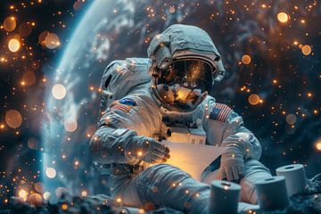 Astronaut op toiletbril in kosmische ruimte scène van Felix Brönnimann