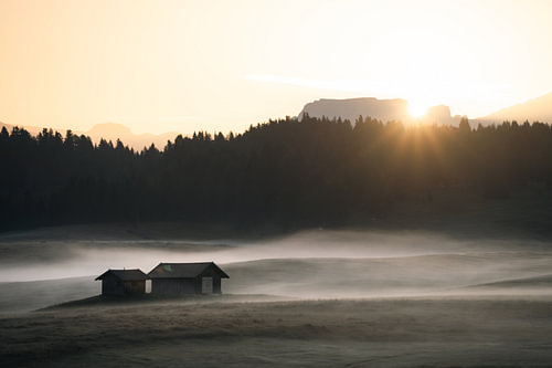 Morning fog at Seiser Alm (Alpe di Siusi) in the Dolomites, Italy