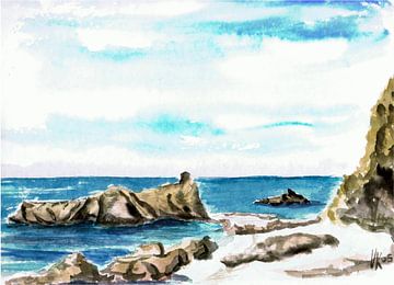 Felsen am Strand, Ende der Almyra Beach - Griechenland - Aquarell gemalt von VK (Veit Kessler) 2005 von ADLER & Co / Caj Kessler