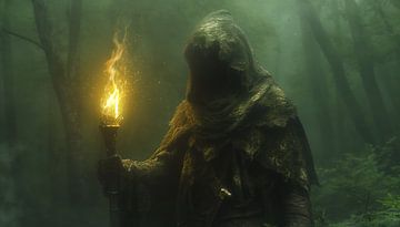 Verborgene Wächterfigur mit Fackel im Nebelwald von artefacti