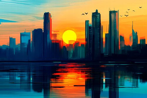 Uitzicht op de stad bij zonsondergang