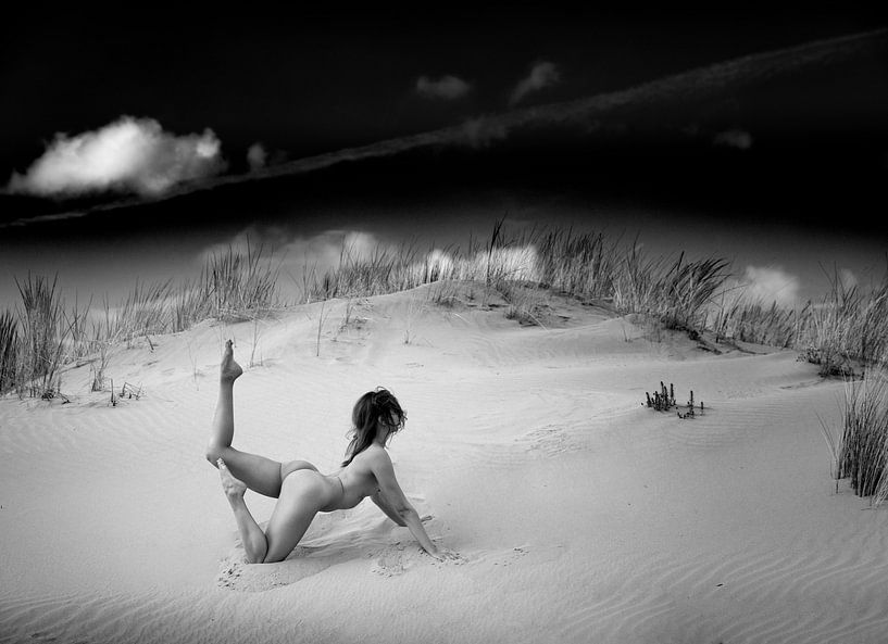 Nude in dune in yoga pose by Louis Sauter
