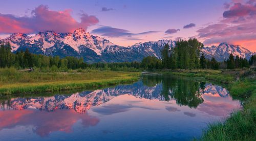 Zonsopkomst bij Schwabacher Landing, Grand Teton N.P, Wyoming. van Henk Meijer Photography