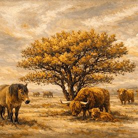 **Zwischen Dünen und Zeit: Eine impressionistische Darstellung grasender Ponys und Highland-Rinder in den Gravelijkheidsduinen** von Willem Koenes