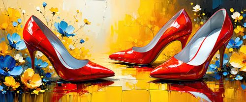 Drie rode pumps in dialoog - reflecties op een gouden achtergrond, omlijst door bloemen: een panorama van elegantie, sensualiteit en kortstondige aanwezigheid