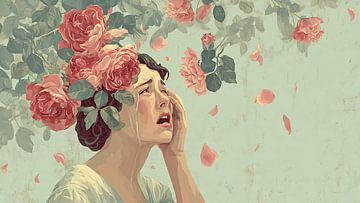 Huilende vrouw Tranen Bloeiende rozen van Aden Pink Studio