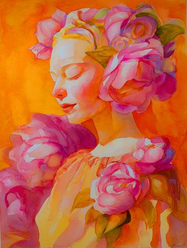 Portrait floral de rêve dans des tons chauds d'aquarelle - femme avec des roses et une lueur douce