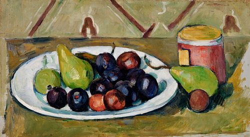 Bord met fruit en pot jam, Paul Cézanne (ca. 1880–1881)