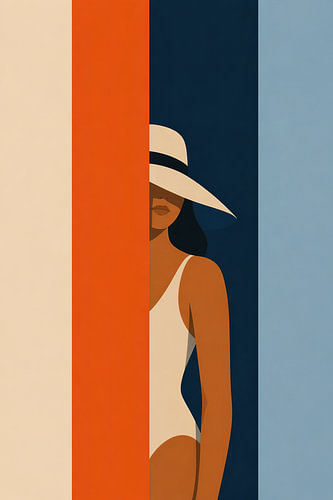 Sommer Illustration einer Frau mit Sonnenhut die die Sonne berührt