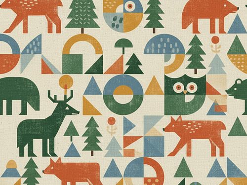 Geometrische Waldtiere Nahtloses Muster - Retro Wald Design