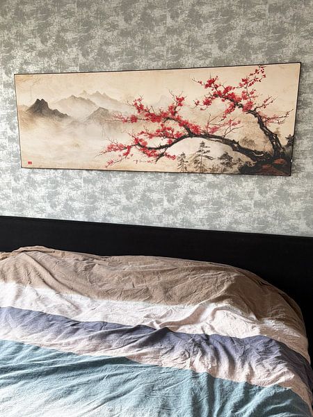 Klantfoto: Kersenbloesem voor mistige bergtoppen Japandi panorama van Digitale Schilderijen, als ArtFrame