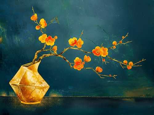 Nature morte exclusive au Japon : Branches de fleurs kaki sur vase en or