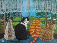 Four cats on a windowsill.