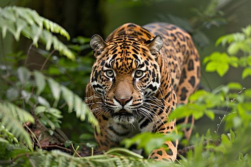 Jaguar sluipt door het regenwoud
