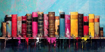 A row of colourful books on a shelf by Laila Bakker