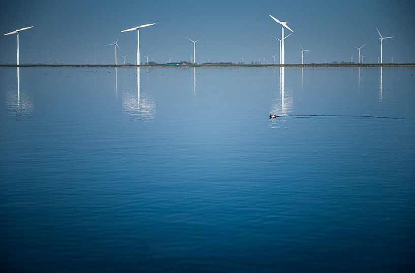 Niederländische Windmühlen am blauen Wasser Fotodruck von Manja Herrebrugh - Outdoor by Manja