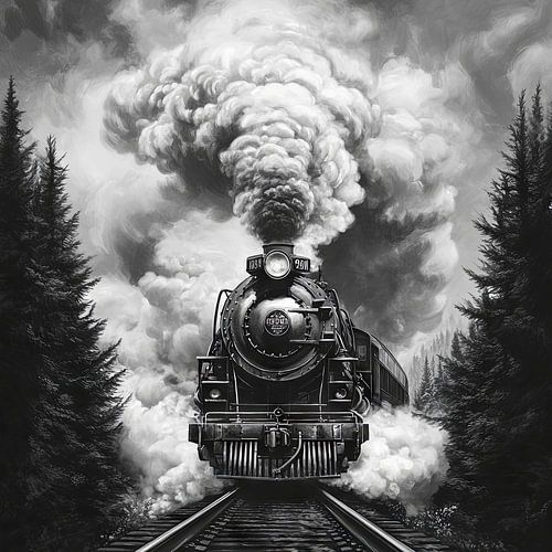 Stoomlocomotief in het mistige bos
