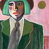 Frauenporträt in Rosa und Grün mit Hut und Krawatte | Gemälde | Kunstwerk von Renske Herder