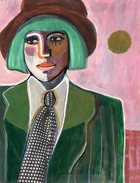 Female portrait in pink and green with hat and tie | painting | artwork by Renske