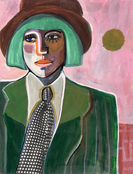 Female portrait in pink and green with hat and tie | painting | artwork by Renske