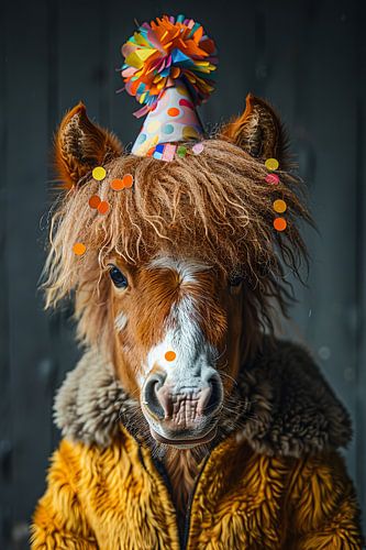 Grappig paard met feestmuts en taart