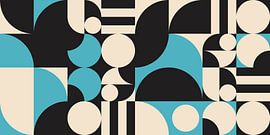 Retro-Geometrie mit Kreisen und Streifen in Schwarz, Weiß und Blau. von Dina Dankers