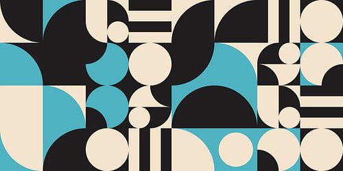 Retro geometrie met cirkels en strepen in zwart, wit, blauw.