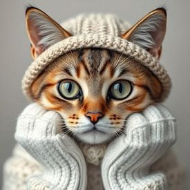 Un chat avec un bonnet de laine, un pull et des gants. sur J.a Dijkstra