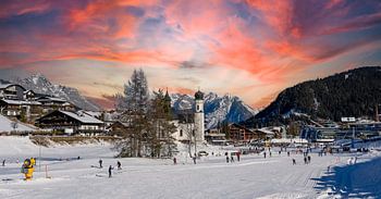 Panoramic winter sports ski resort in the Austrian Tyrolean mountains in Seefeld at sunset