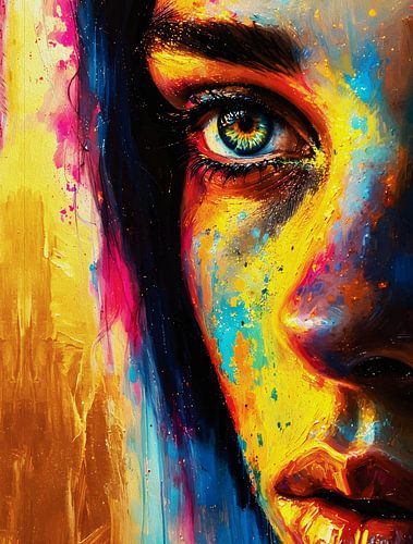Kleurrijk Vrouwen Portret Muurkunst - Levendige Close-Up Oog en Gezicht Abstracte Print