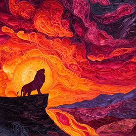 Lion au lever du soleil sur la campagne sur Pixelbull Design