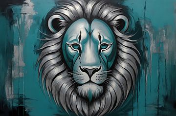 Lion argenté et turquoise sur toile sur De Muurdecoratie