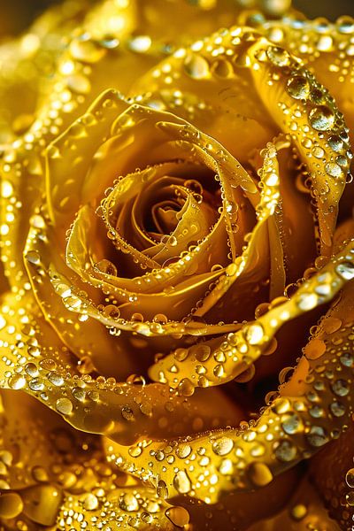 Goldene Rose mit funkelnden Wassertröpfchen im Detail von Art & Soul Creations