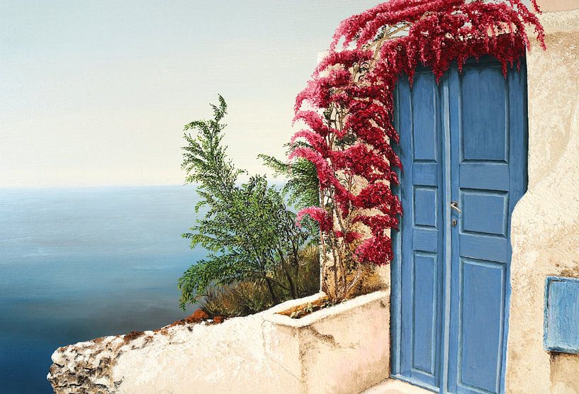 Blauwe deur Oia, Santorini van Russell Hinckley