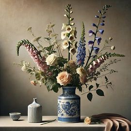 Delft blue flower vase with roses and foxglove - modern classic still life by Kleurenrijk
