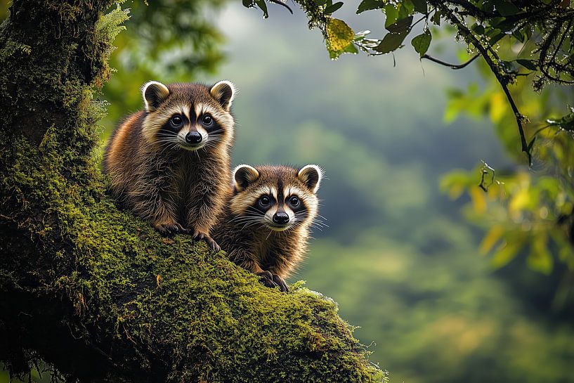 Adorable Baby Waschbären sitzen auf moosigen Baum Ast von Beeld Creaties Ed Steenhoek | Fotografie und künstliche Bilder