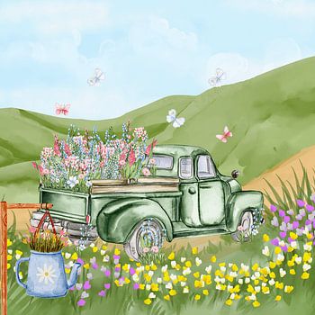 Vintage-grüner Blumenwagen auf einer Frühlingswiese – Cottagecore-Landschaftsillustration