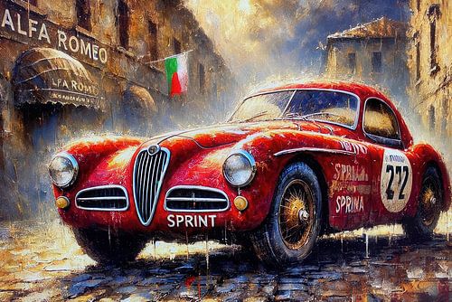 Eine stürmische Schlacht auf Rädern mit einem klassischen Alfza Romeo