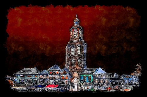 The nocturnal pepper pot on the Grote Markt in Bergen op Zoom (watercolour)