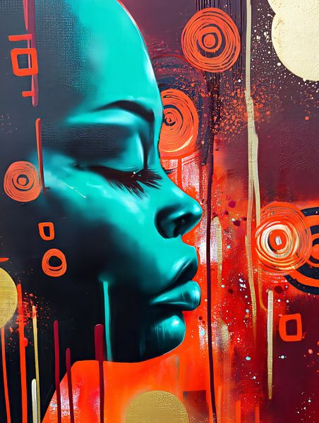 Neon Dreams - Female profile in turquoise with orange graffiti E by MArt