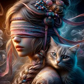Young woman with a blindfold and a cat