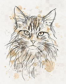 Watercolour animals – sketch-style with shades of brown and grey – cat drawing by Emiel de Lange