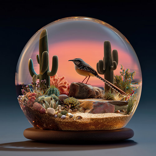 Cactus en vogel in kleurrijke woestijn in glazen bol