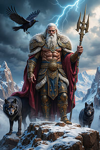 Dark Fantasy Wandbild: ELDRYN – Odin mit seinen Wölfen in den Bergen des Nordens