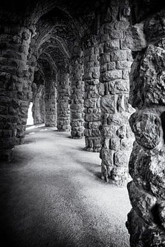 Park Guell Stenen Zuilen Portiek - Gaudi, Barcelona in zwart-wit van Andreea Eva Herczegh
