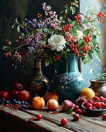 Colourful still life with flowers and fruit